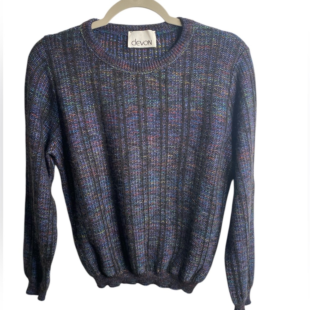 VINTAGE DEVON Heathered Blue-Rainbow Flecked Crew Neck Sweater Sz Med
